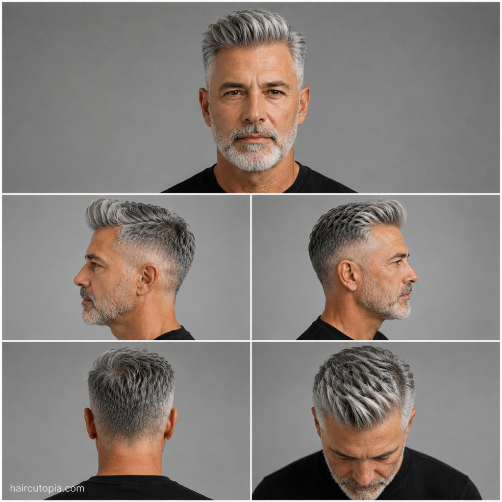 Five-panel collage showing a quiff haircut for a man over 50 from the front, left side, right side, back, and bird's-eye views with silver hair, natural volume, and clean tapered sides.