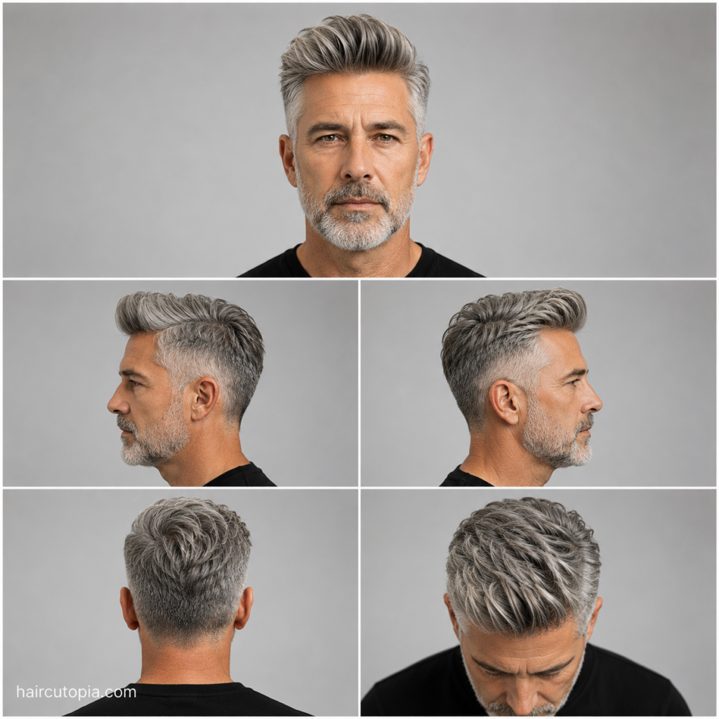 Five-panel collage showing a classic quiff haircut for an older man from the front, left side, right side, back, and bird's-eye views with silver hair, natural volume, and neatly tapered sides.