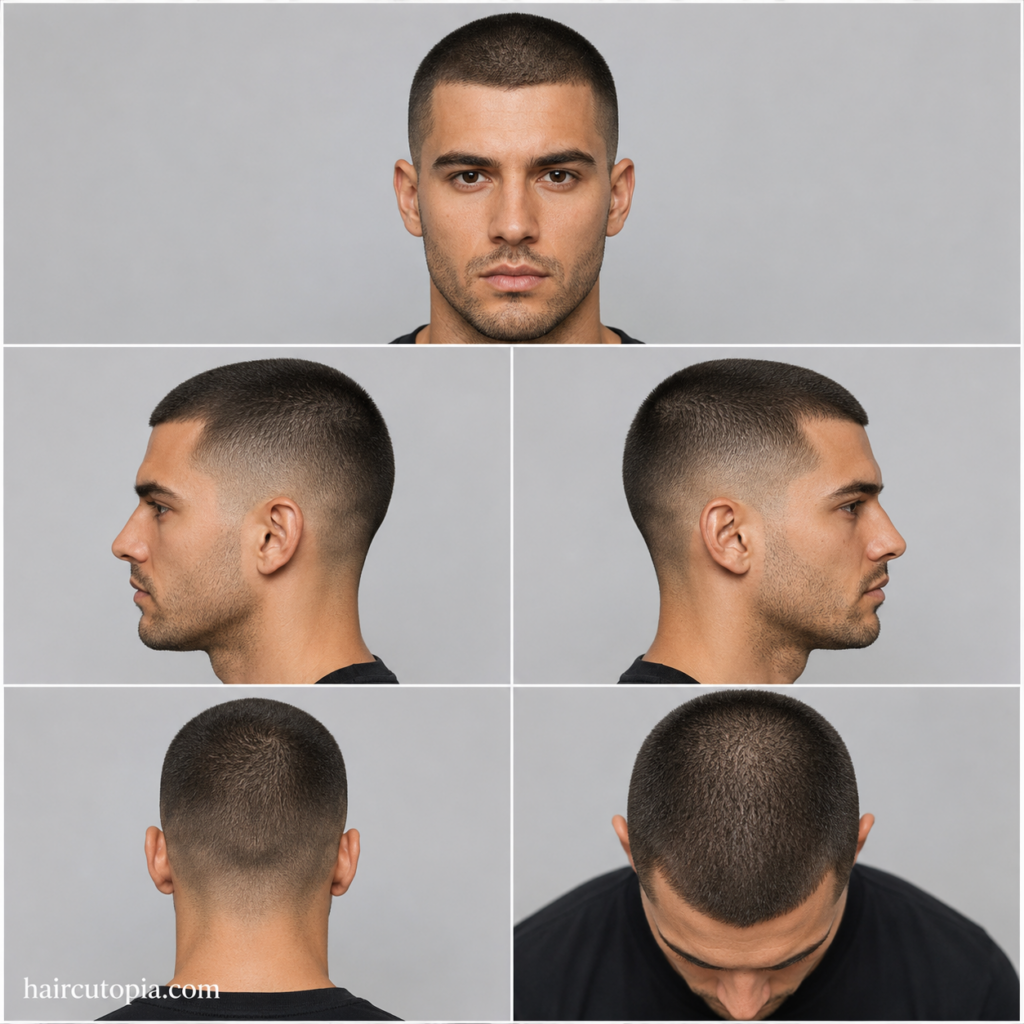 Five-panel collage showing a short buzz cut haircut from the front, left side, right side, back, and top views.