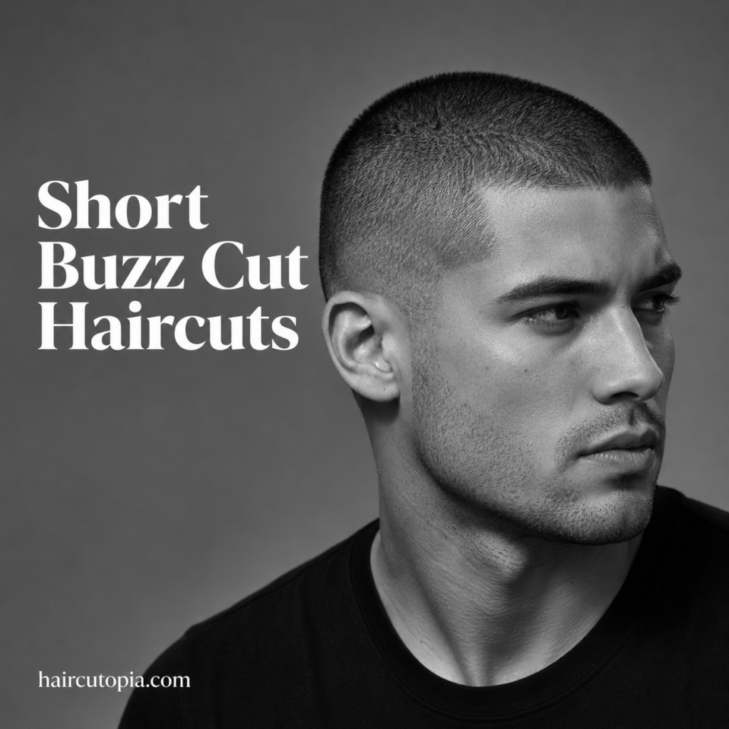 Man with a short buzz cut haircut featuring a clean modern style and sharp fade.