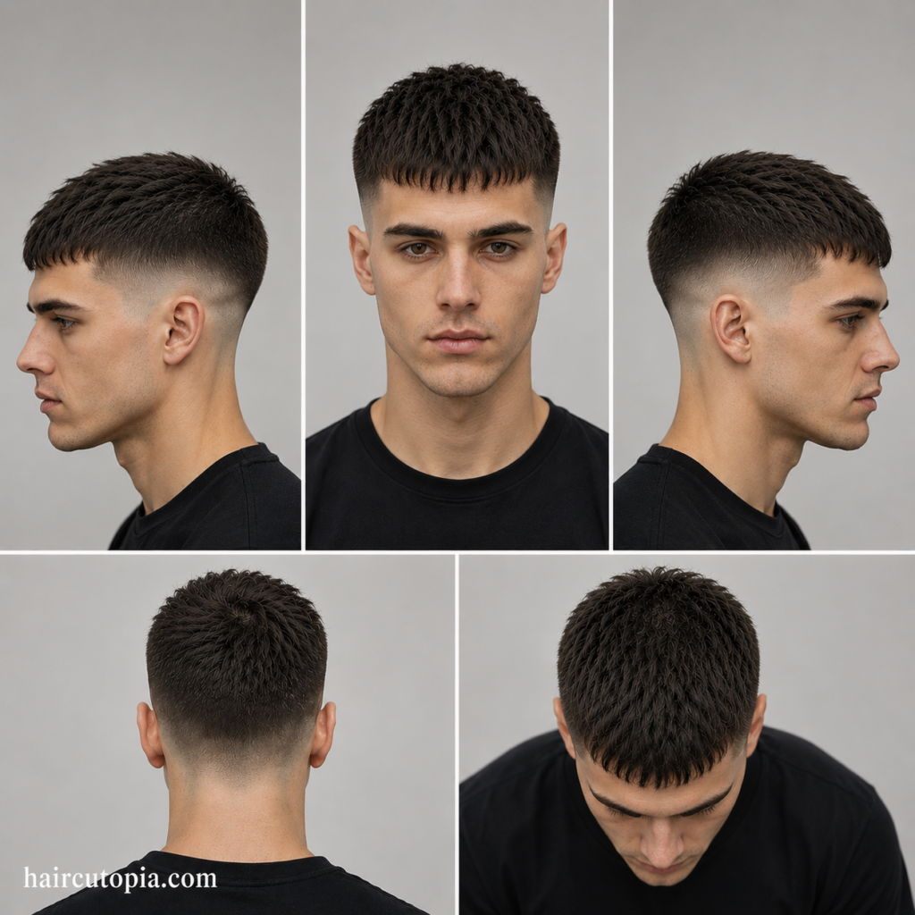 Five-panel collage showing a short Caesar cut haircut from front, side, back, and top views