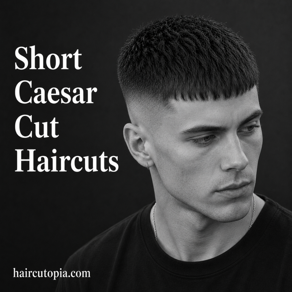 Man with a modern short Caesar cut featuring textured fringe and faded sides