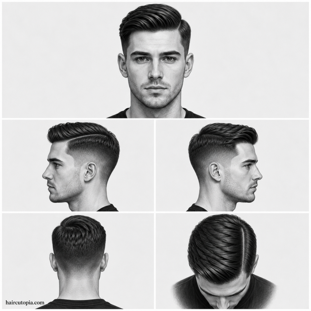 Five-view collage showing a men’s short comb over haircut from the front, left side, right side, back, and top