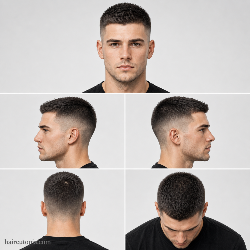 Five-panel collage showing a short crew cut haircut from front, side, back, and top views