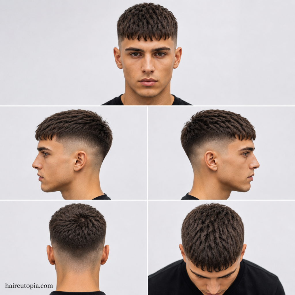 Five-view collage of a short French crop haircut showing front, side, back, and top angles