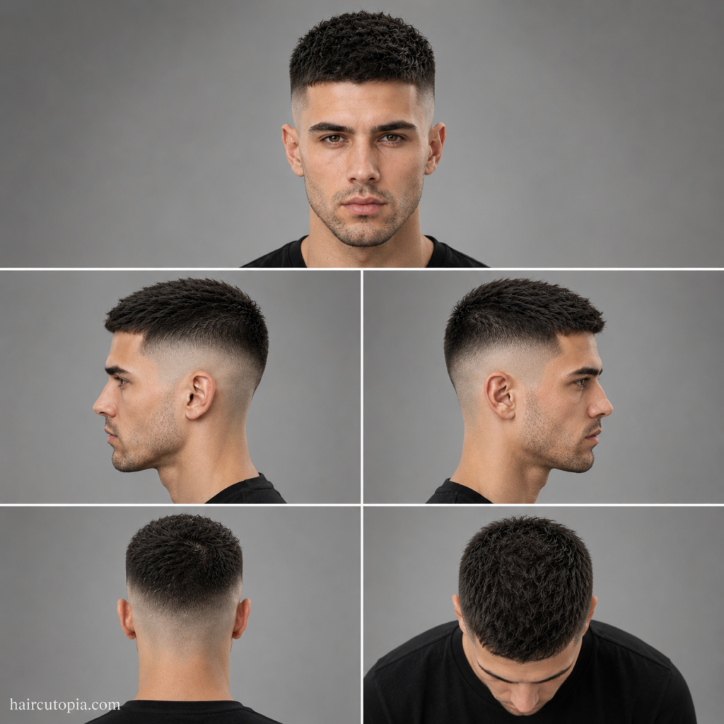 Five-panel collage showing a short high fade haircut from the front, left side, right side, back, and top views.