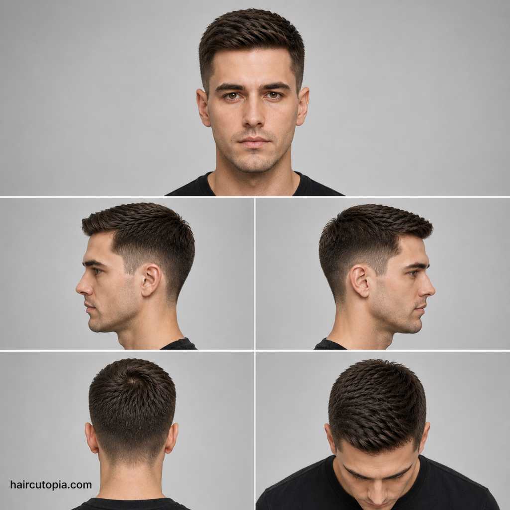 Five-view collage showing a short Ivy League haircut from the front, left side, right side, back, and top view.