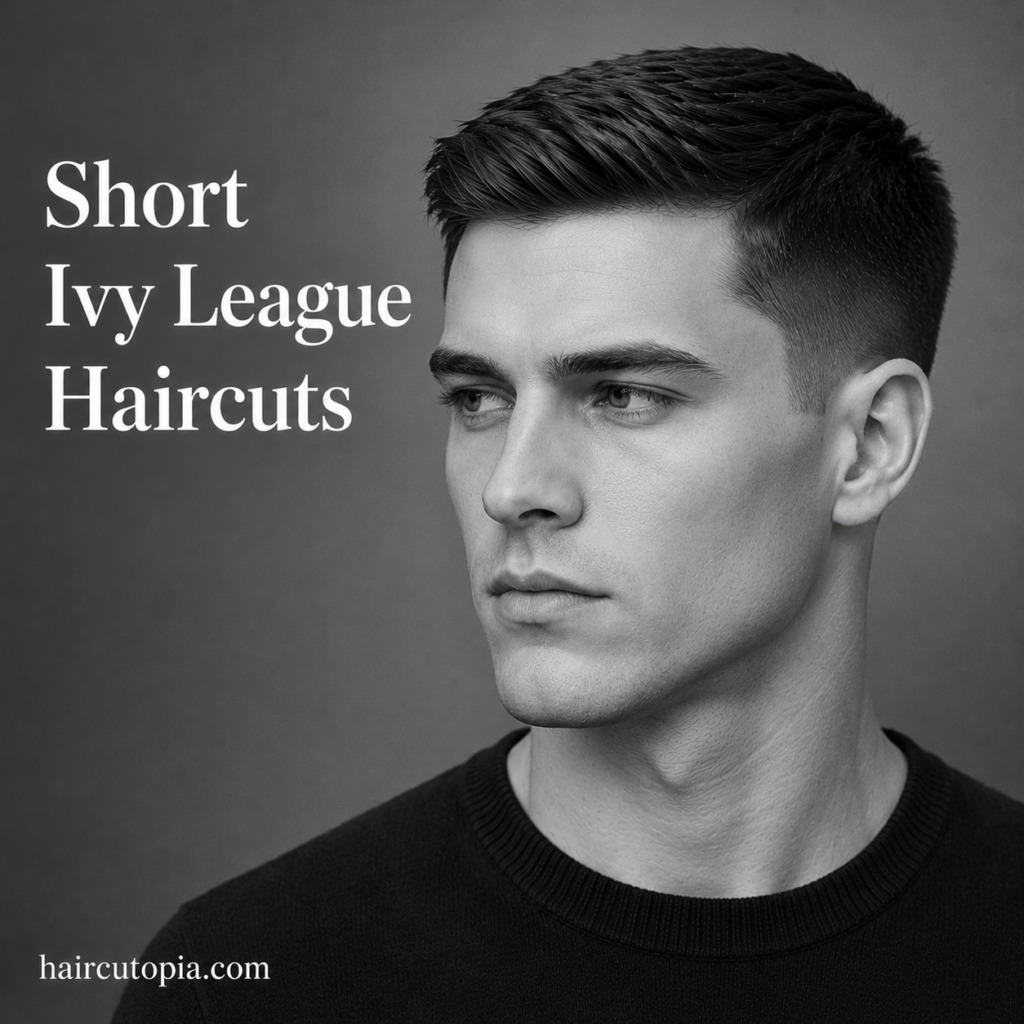Man with a short Ivy League haircut in a black and white editorial portrait featuring clean tapering and classic styling.