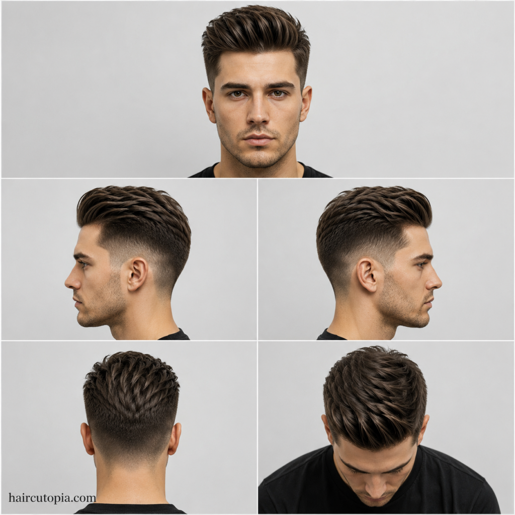 Five-view collage showing a short pompadour haircut from the front, left side, right side, back, and top.