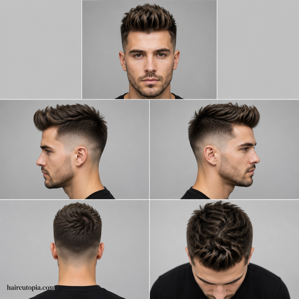 Five-panel collage showing a modern short quiff haircut from the front, left side, right side, back, and top views for a complete hairstyle reference.