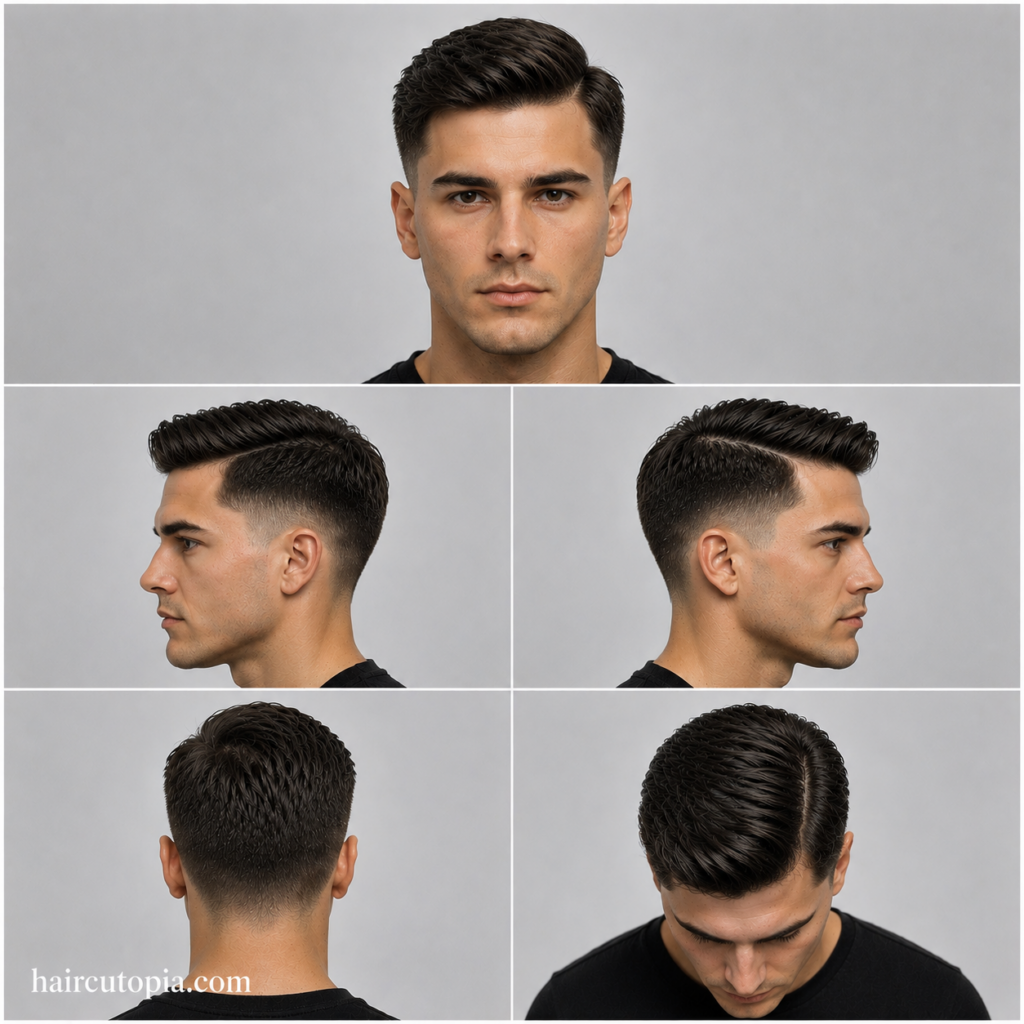 Five-angle collage of a men’s short side part haircut, showing front, left side, right side, back, and top views