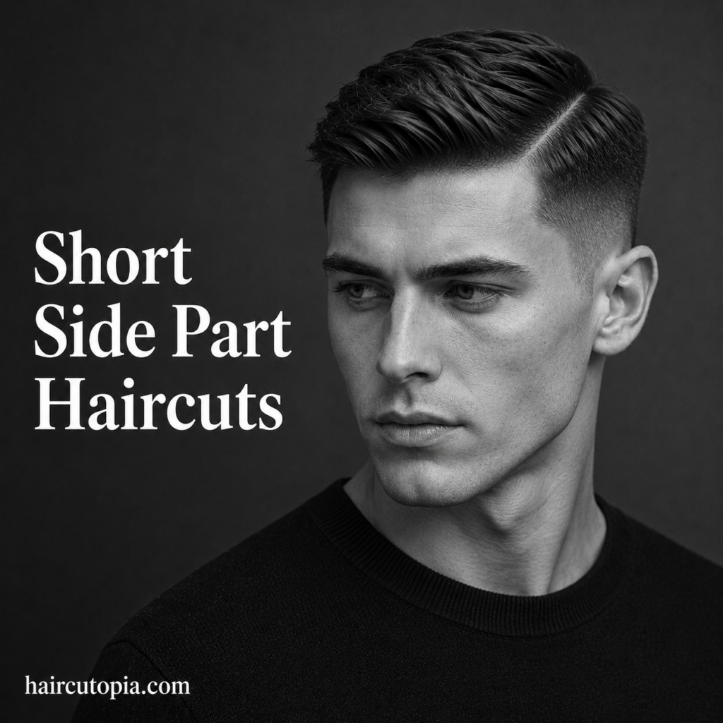 Man with a short textured side part haircut and clean tapered sides