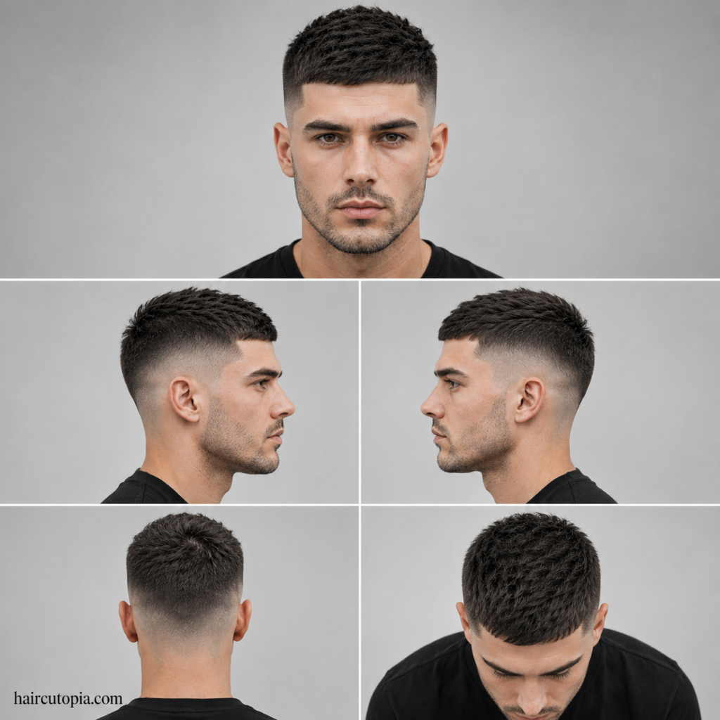 Five-panel collage showing a short skin fade haircut from the front, left side, right side, back, and top views.