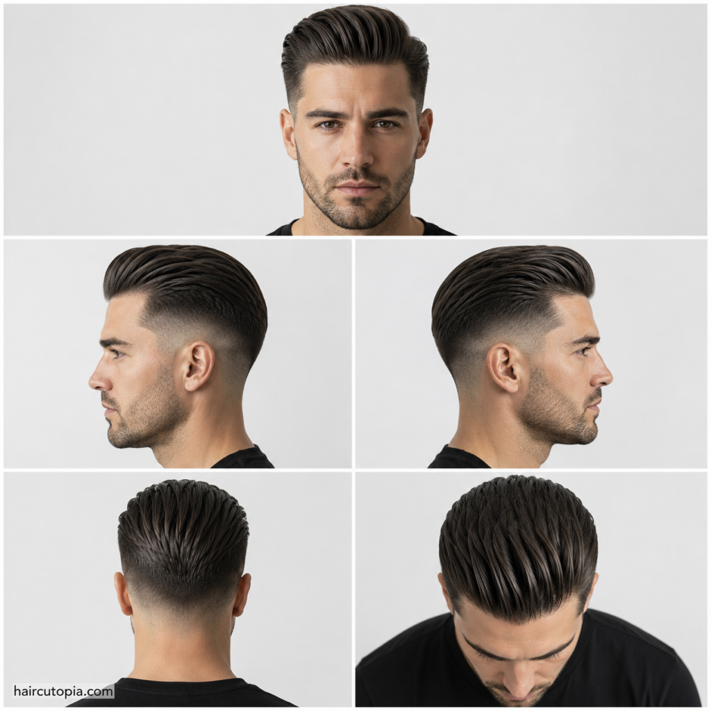 Five-view collage of a modern short slick back haircut showing the front, left side, right side, back, and top views with a clean fade.