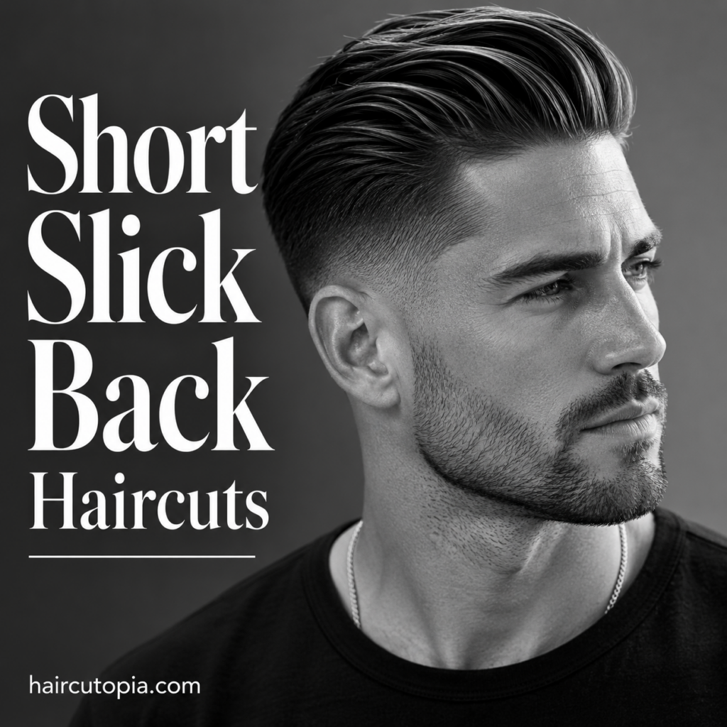 Man with a modern short slick back haircut featuring a clean low fade in a black and white editorial portrait.