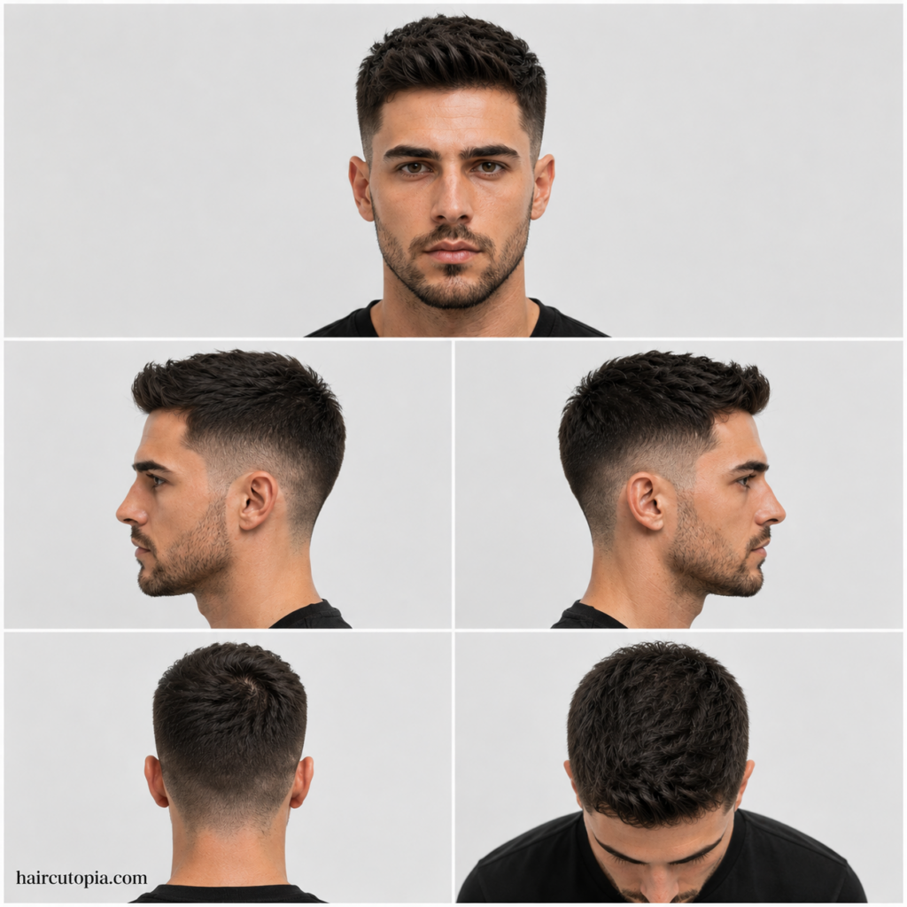 Five-view collage of a short taper fade haircut showing front view, left side, right side, back view, and top view.
