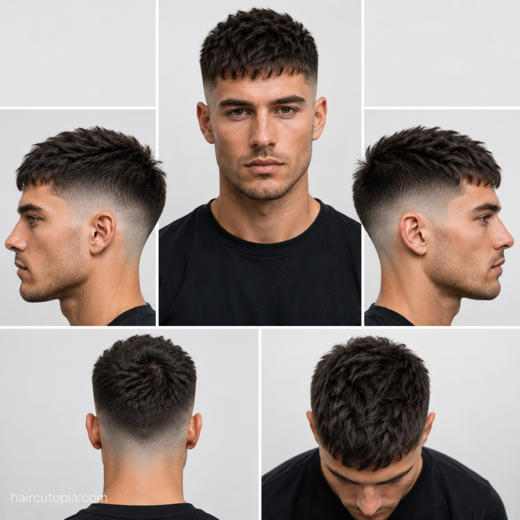 Five-view collage of a men's short textured crop haircut showing the front, left side, right side, back, and top views.