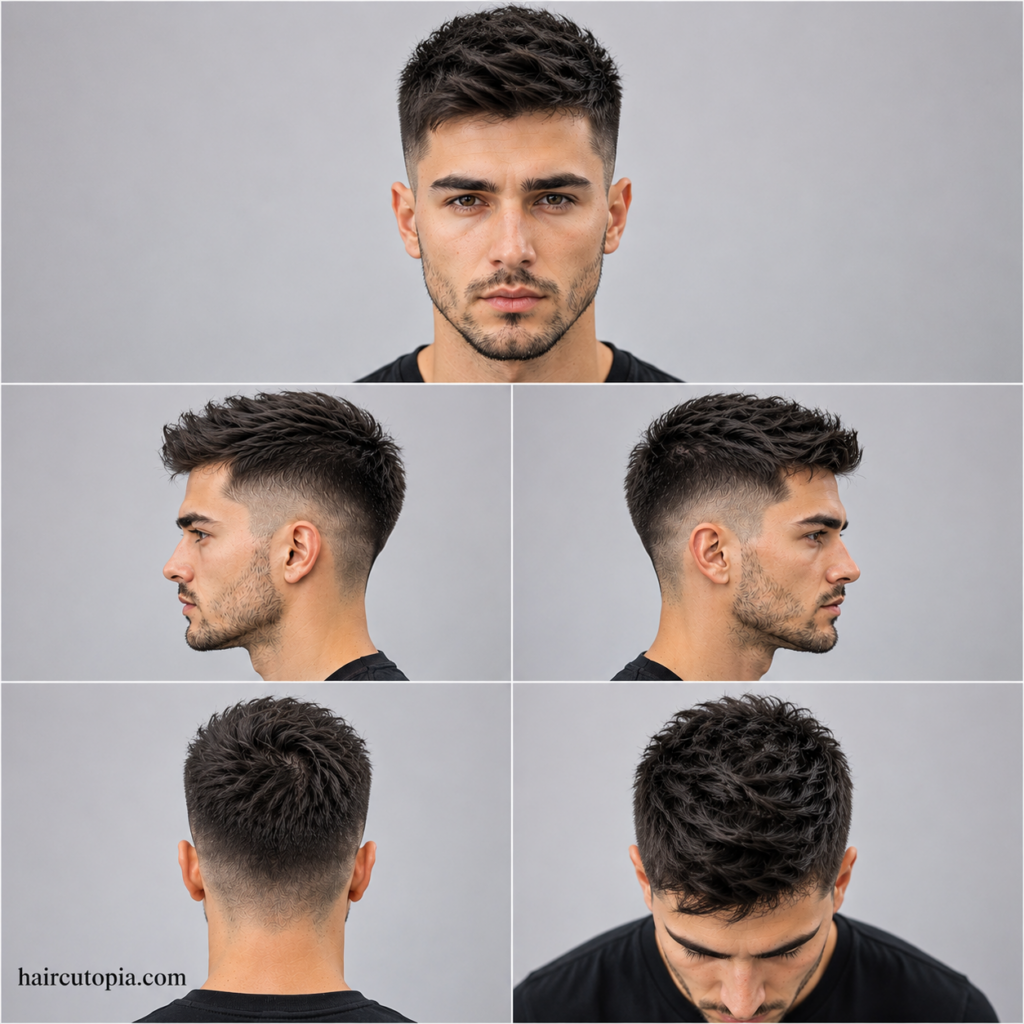 Five-panel collage showing a short undercut haircut from the front, left side, right side, back, and bird's-eye views.