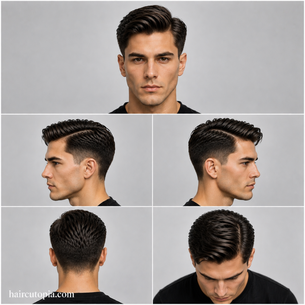 Five-angle collage of a men’s textured side part haircut for a diamond face, showing front, left side, right side, back, and top views