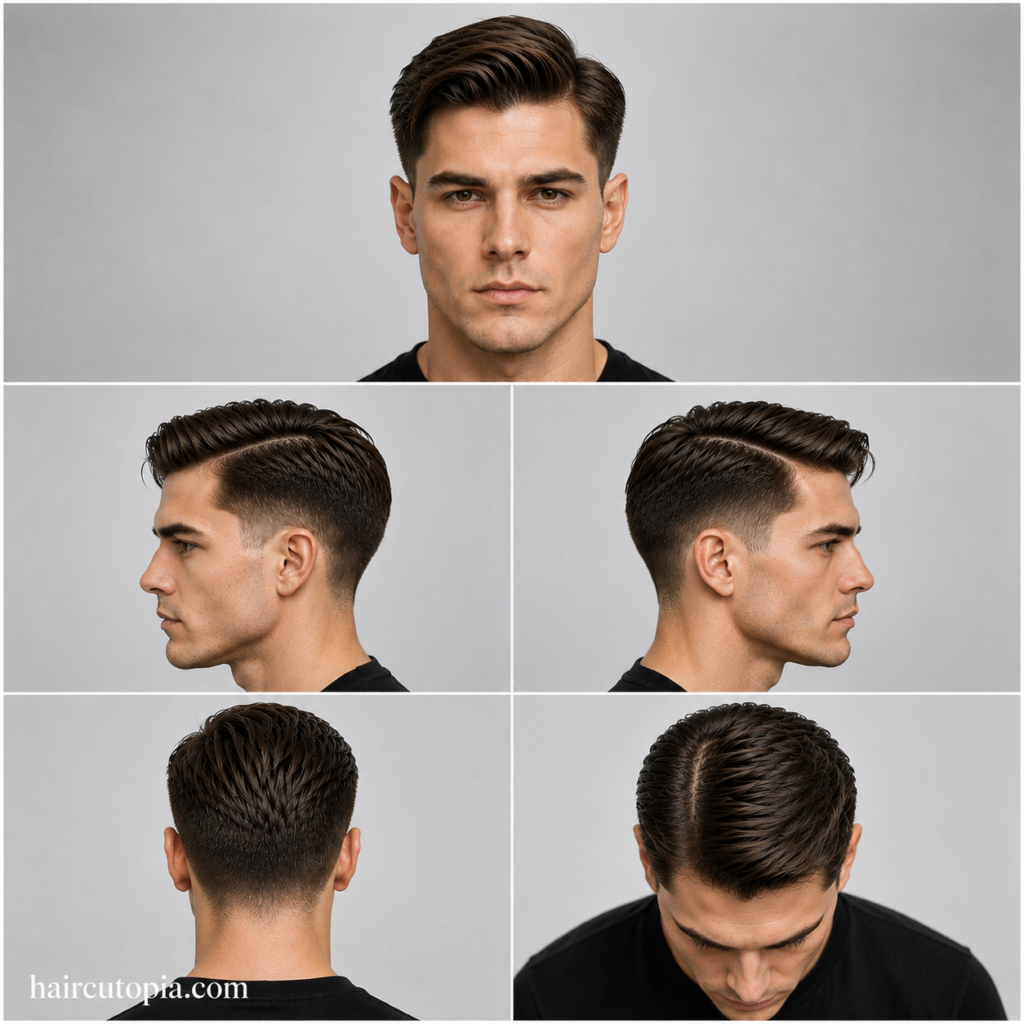 Five-angle collage of a men’s side part haircut for a heart-shaped face, showing front, left side, right side, back, and top views