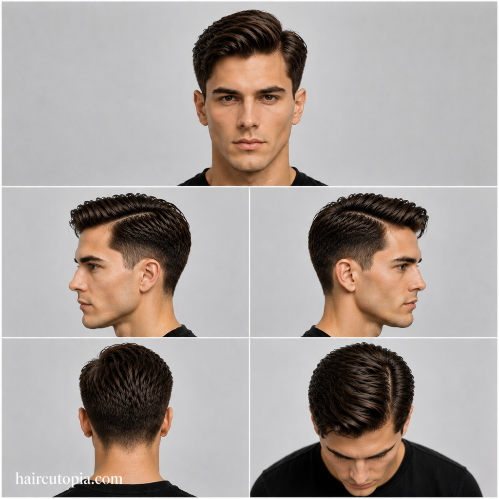 Five-angle collage of a men’s side part haircut for a long face, showing front, left side, right side, back, and top views