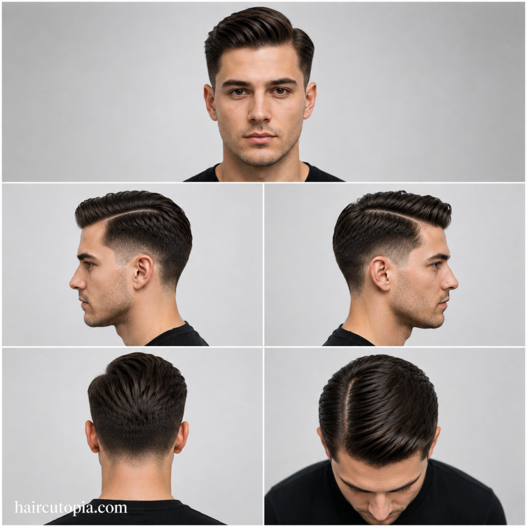 Five-angle collage of a men’s side part haircut for an oval face, showing front, left side, right side, back, and top views