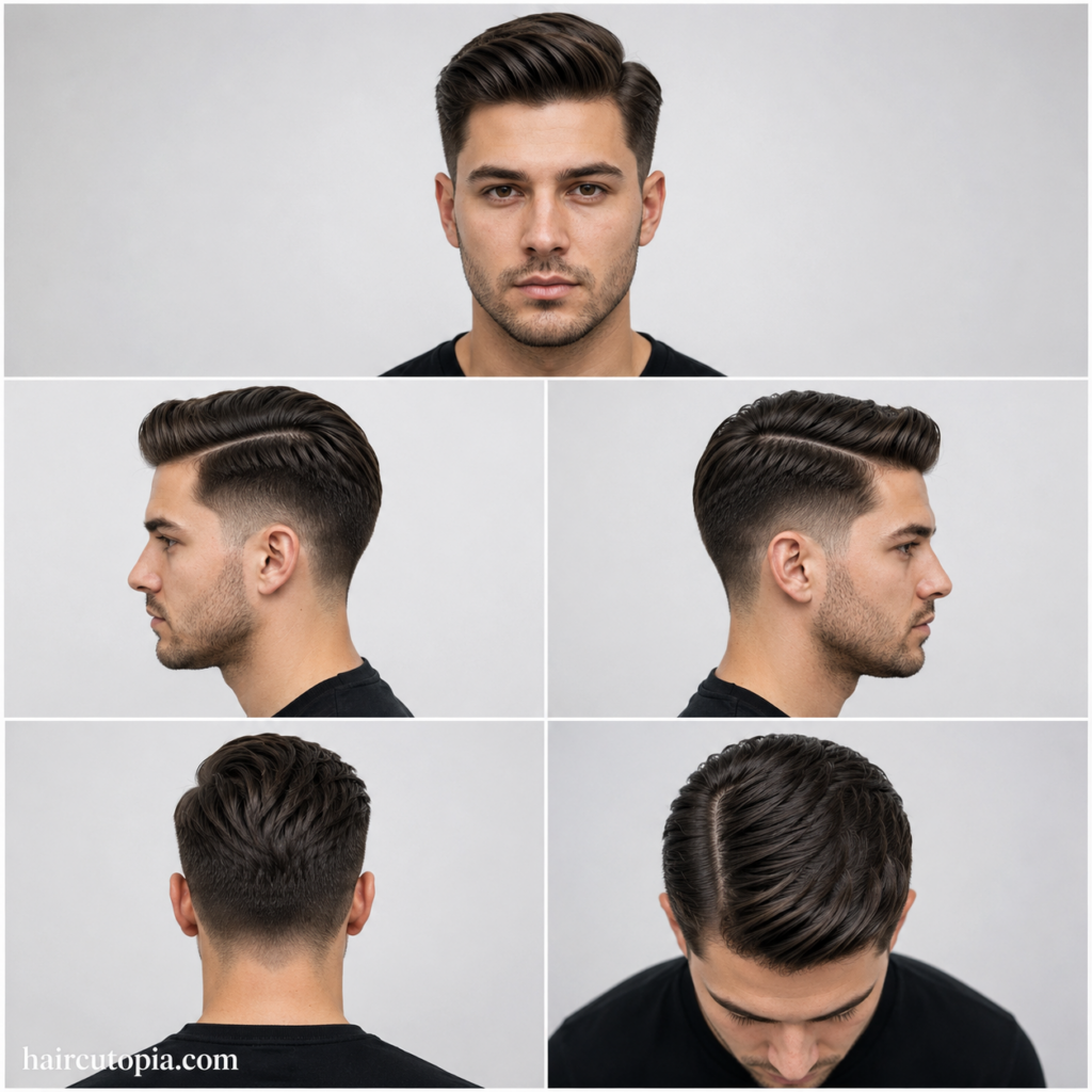 Five-angle collage of a men’s side part haircut for a round face, showing front, left side, right side, back, and top views