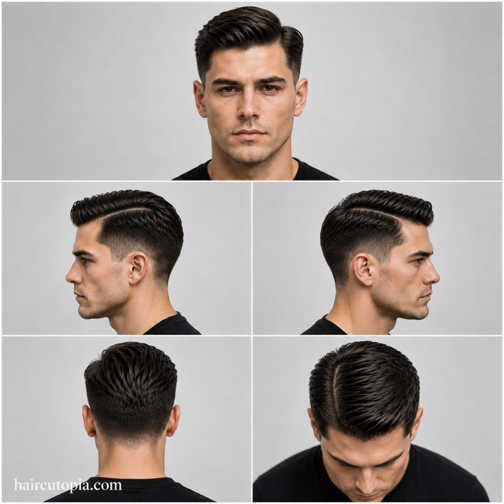 Five-angle collage of a men’s textured side part haircut for a square face, showing front, left side, right side, back, and top views