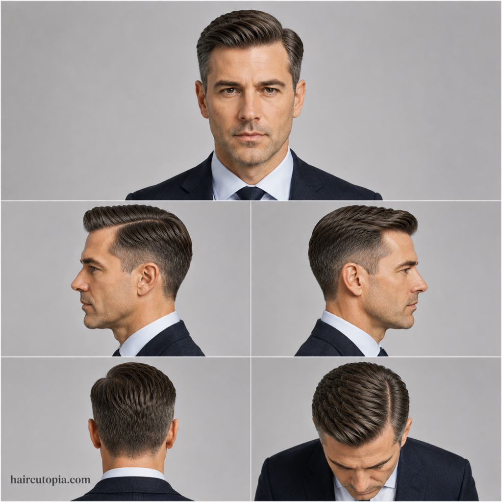 Five-view collage of a business professional’s side part haircut showing front, left side, right side, back, and top views