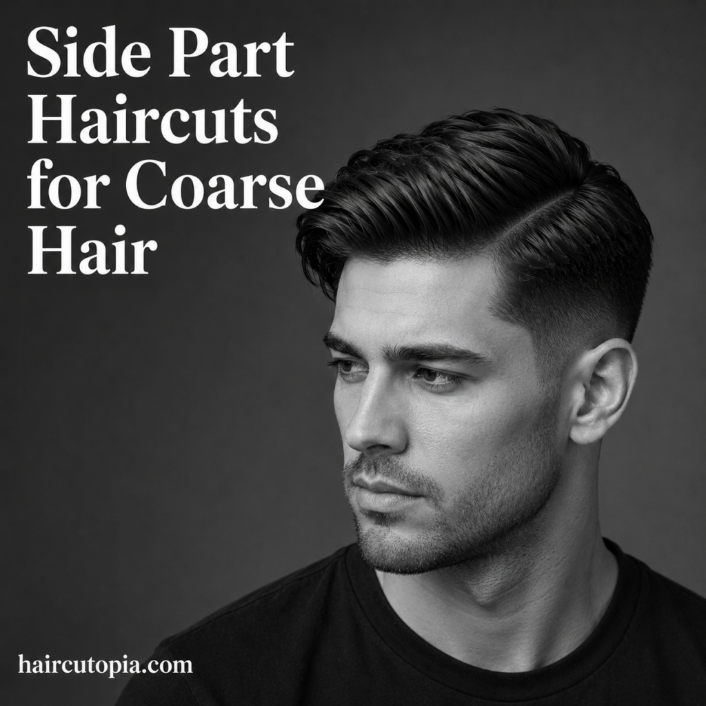 Man with a modern side part haircut for coarse hair featuring thick texture, defined part line, and clean faded sides in a black and white editorial portrait.