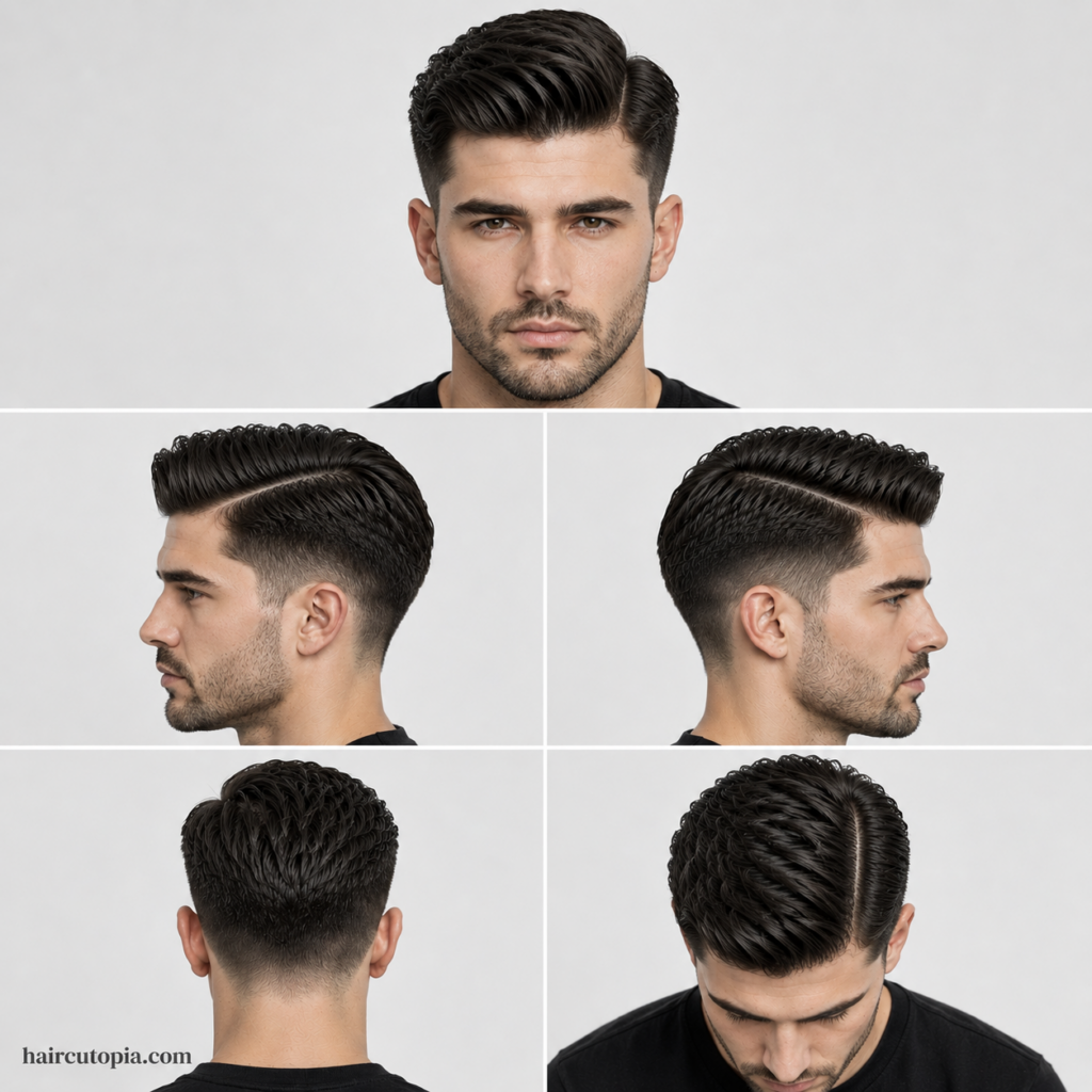 Five-panel collage showing a men's side part haircut for coarse hair from the front, left side, right side, back, and top views.