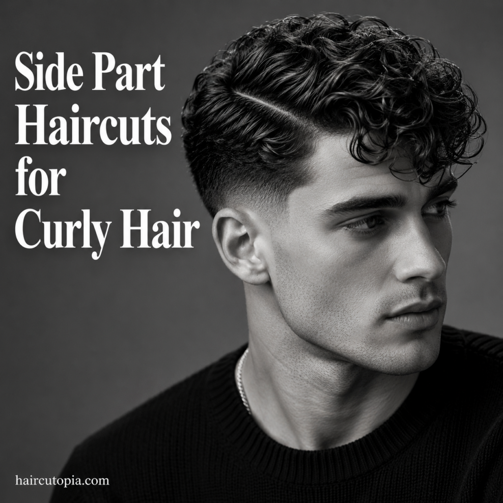 Man with a modern side part haircut for curly hair featuring defined curls and faded sides in a black and white editorial portrait.