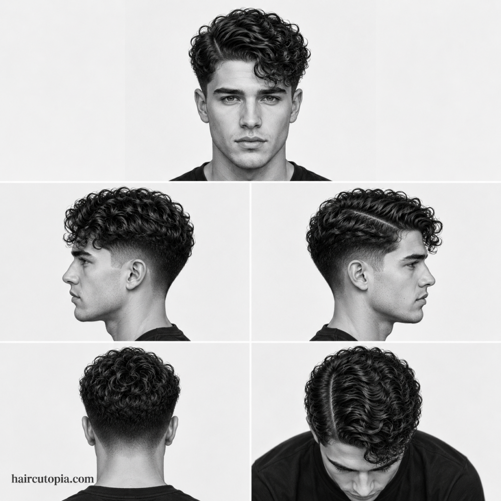 Five-panel collage showing a men's side part haircut for curly hair from the front, left side, right side, back, and top views.
