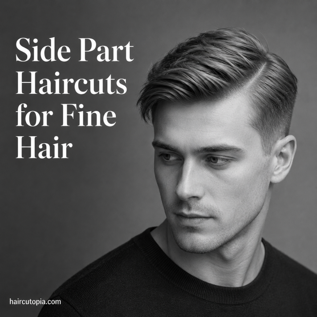 Man with a modern side part haircut for fine hair featuring natural texture, light volume, and a clean tapered finish.
