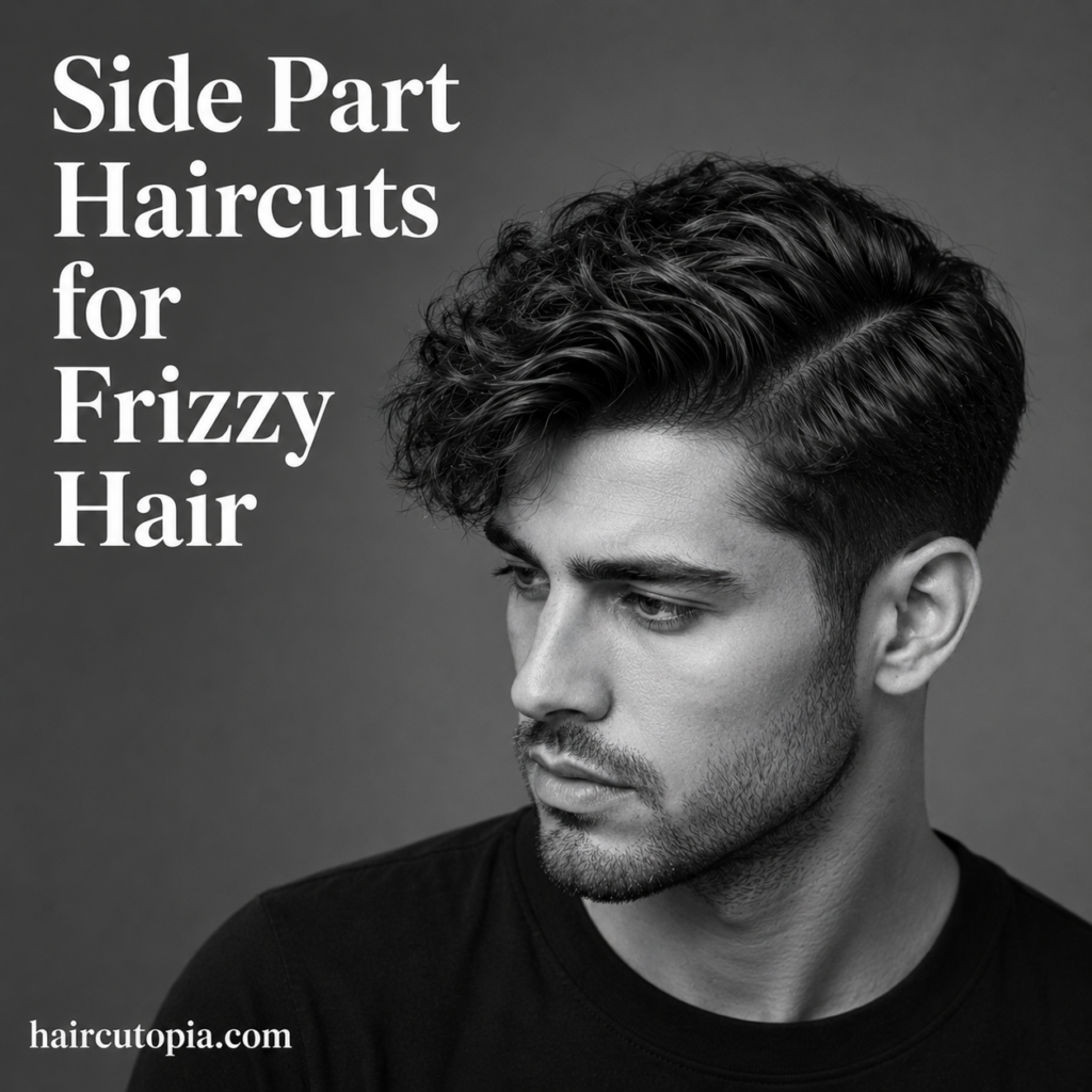 Man with a modern side part haircut for frizzy hair featuring natural texture, controlled volume, and tapered sides in a black and white editorial portrait.