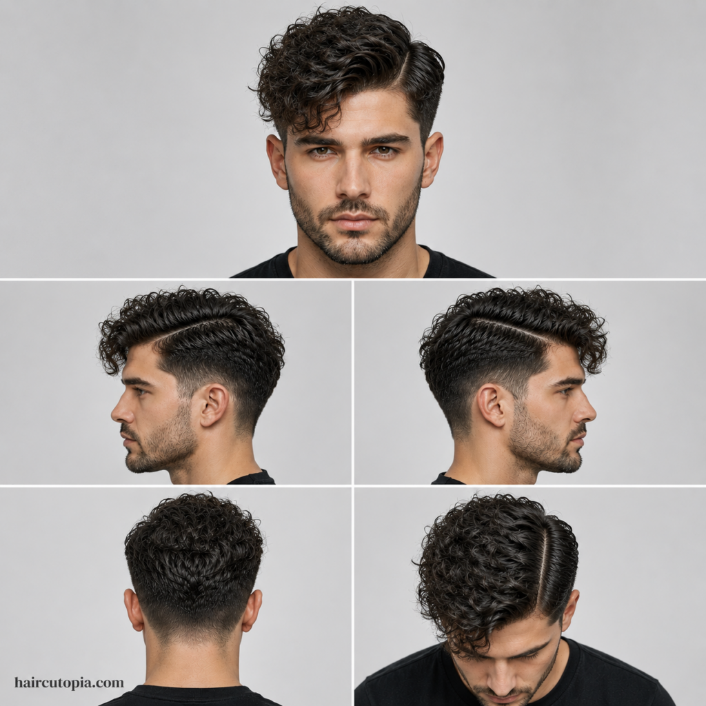Five-panel collage showing a men's side part haircut for frizzy hair from the front, left side, right side, back, and top views.