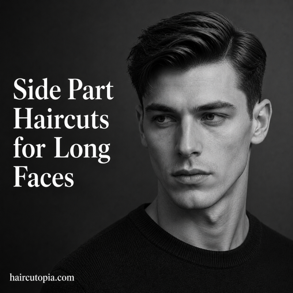 Man with a textured side part haircut and low taper styled to balance a long face shape