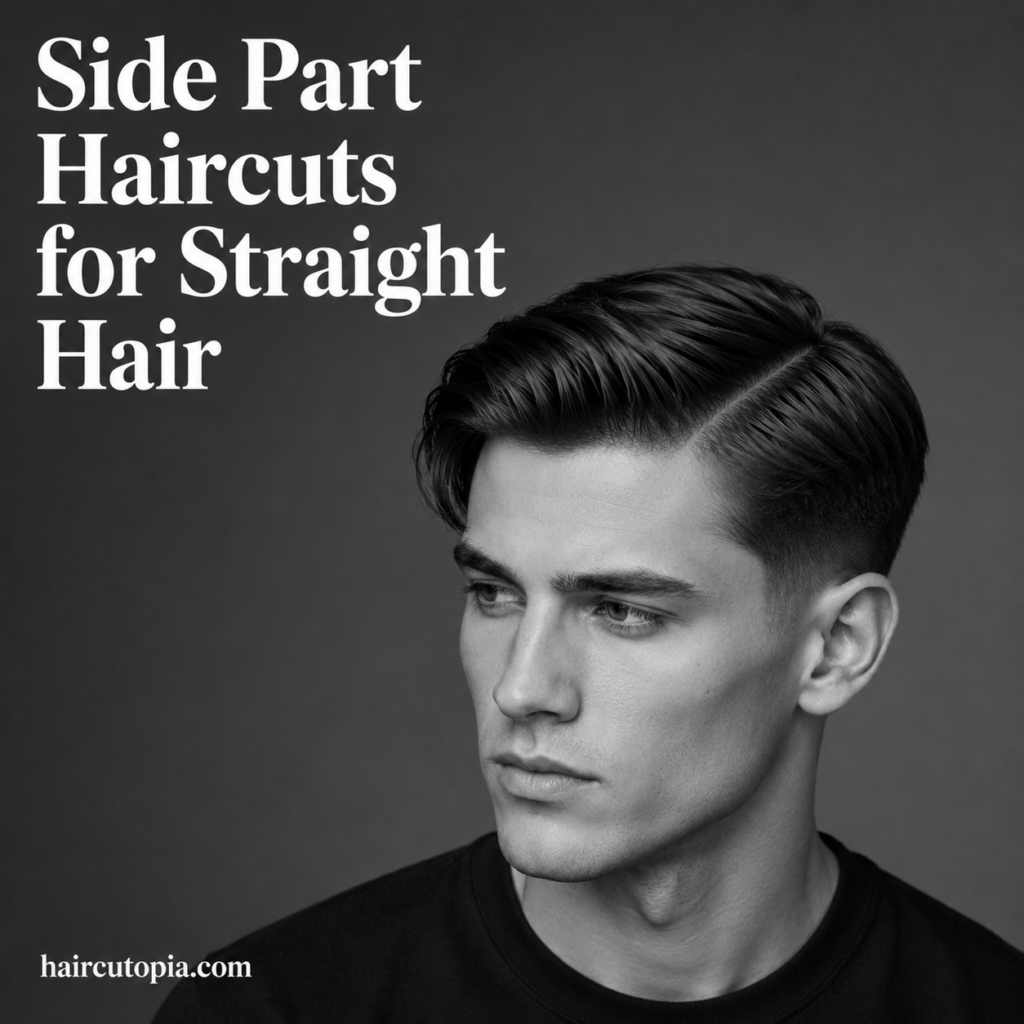 Man with a modern side part haircut for straight hair featuring a clean hard part, smooth texture, and tapered sides in a black and white editorial portrait.