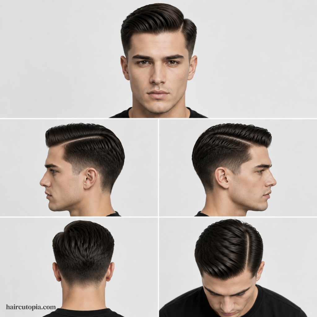 Five-panel collage showing a men's side part haircut for straight hair from the front, left side, right side, back, and top views.