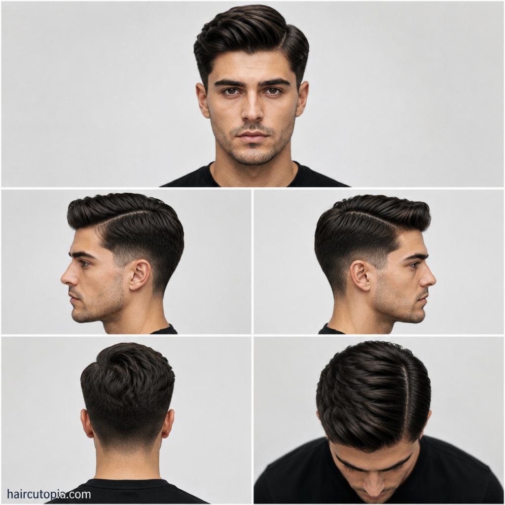 Five-view collage of a men's side part haircut for thick hair showing front, side, back, and top angles with clean tapering and natural volume.