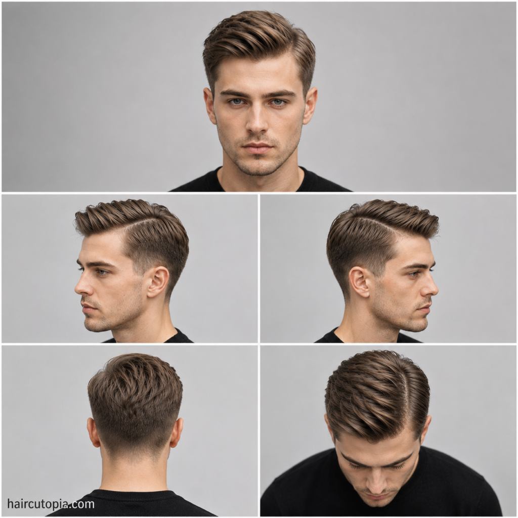 Five-view collage of a men's side part haircut for thin hair showing front, side, back, and top angles designed to create volume and a fuller appearance.