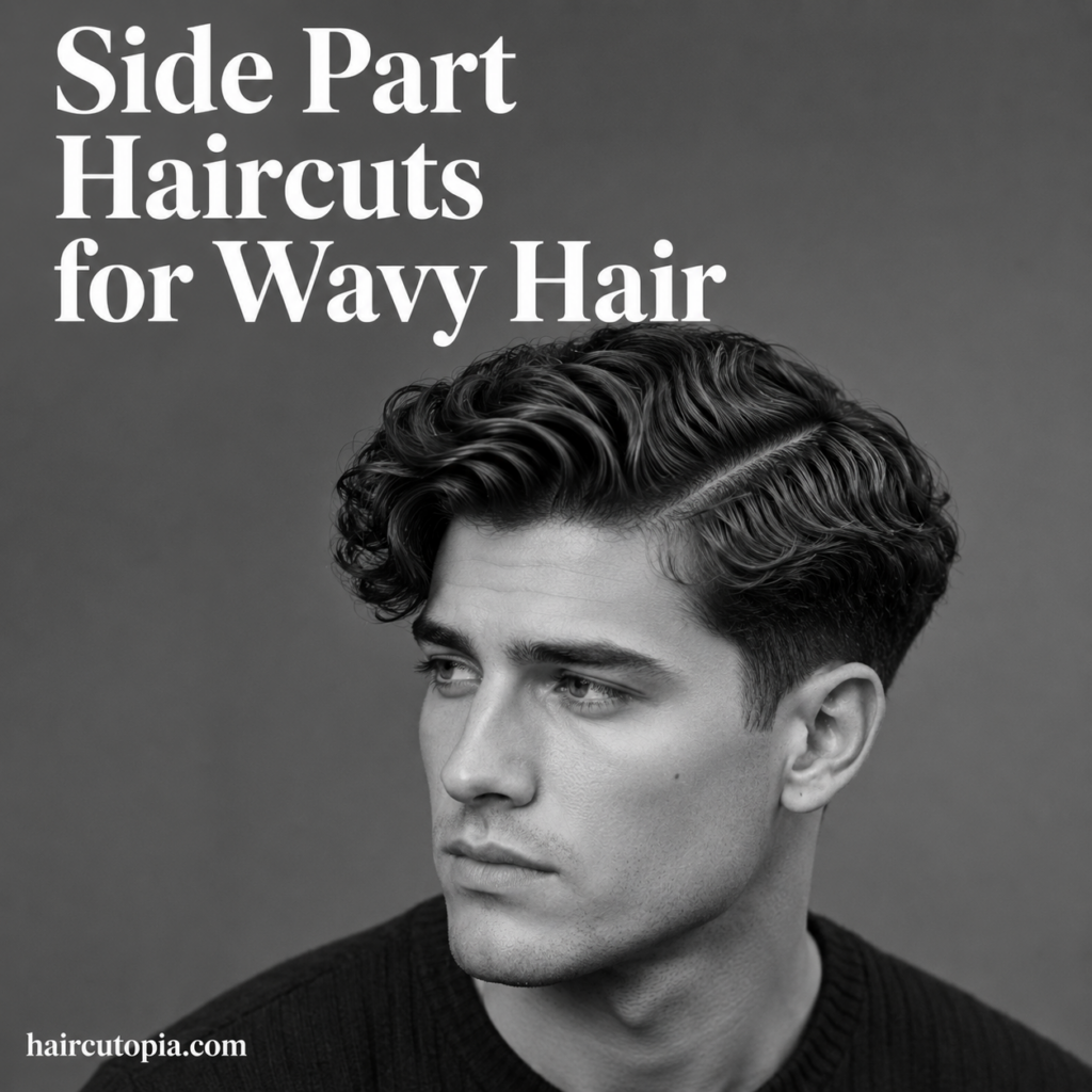 Man with a modern side part haircut for wavy hair featuring natural texture and clean tapered sides in a black and white editorial portrait.