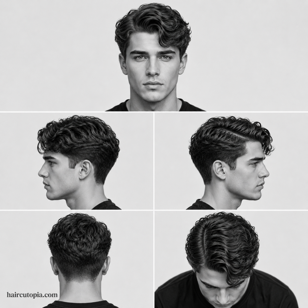 Five-panel collage showing a men's side part haircut for wavy hair from the front, left side, right side, back, and top views.