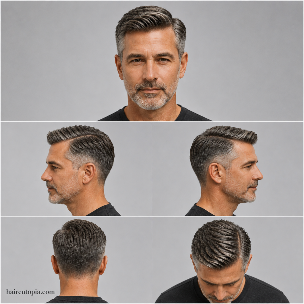 Five-view collage of a man over 40 with a side part haircut showing front, left side, right side, back, and top views