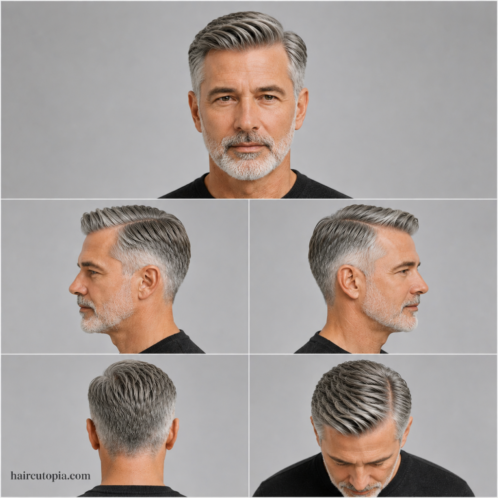 Five-view collage of a man over 50 with a side part haircut showing front, left side, right side, back, and top views