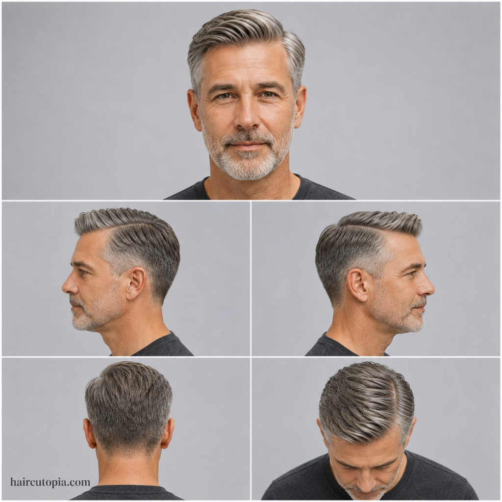 Five-view collage of an older man’s side part haircut showing front, left side, right side, back, and top views