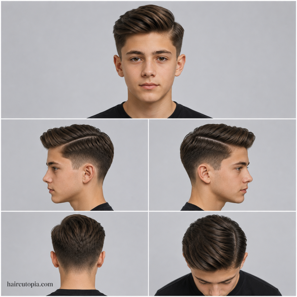 Five-view collage of a teen boy’s side part haircut showing front, left side, right side, back, and top views