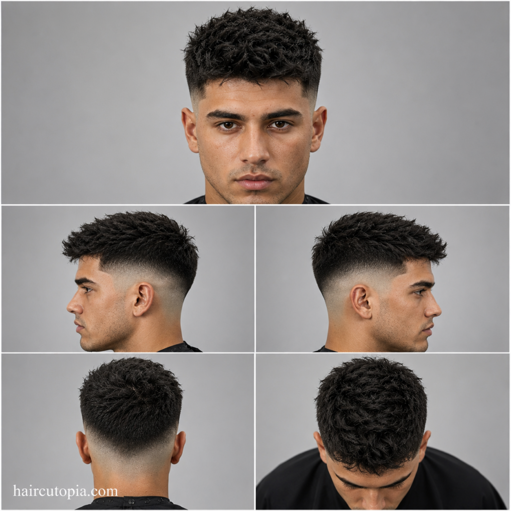 Five-panel collage showing a skin fade haircut for coarse hair from the front, left side, right side, back, and top views.