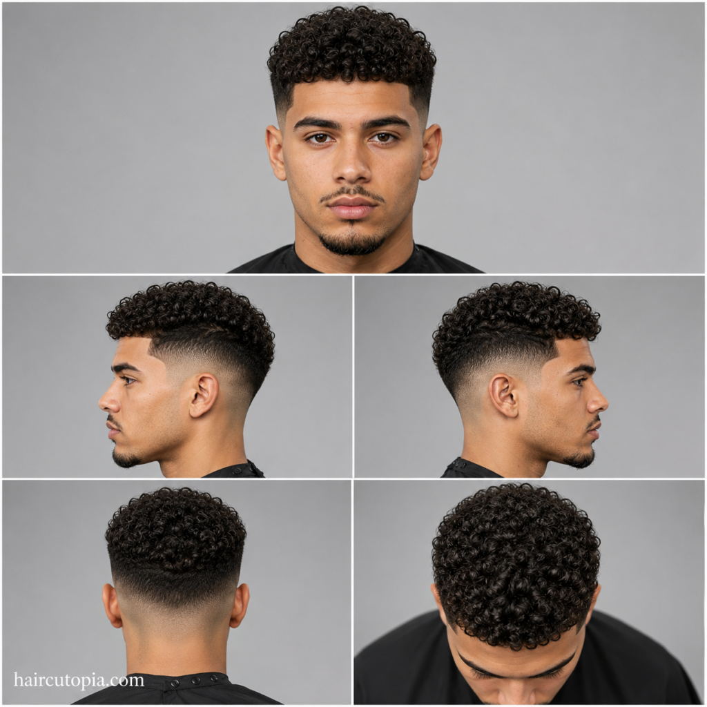Five-panel collage showing a curly skin fade haircut from the front, left side, right side, back, and top views.
