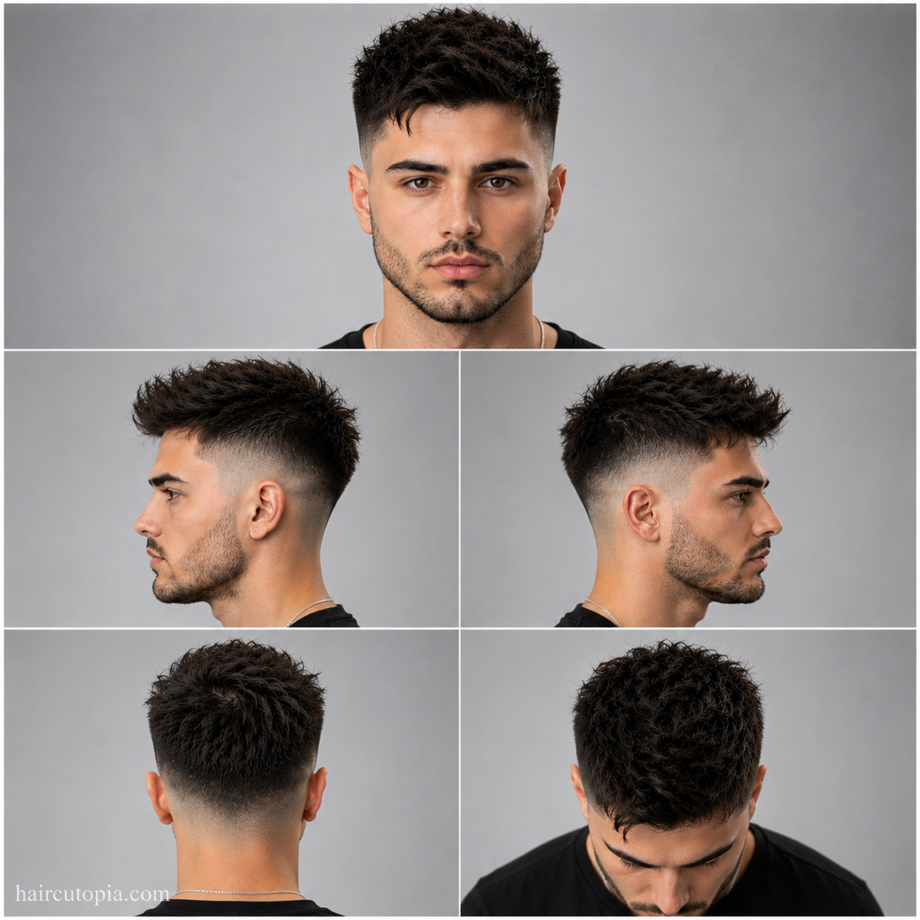 Five-panel collage showing a skin fade haircut for a diamond face shape from the front, left side, right side, back, and top views.